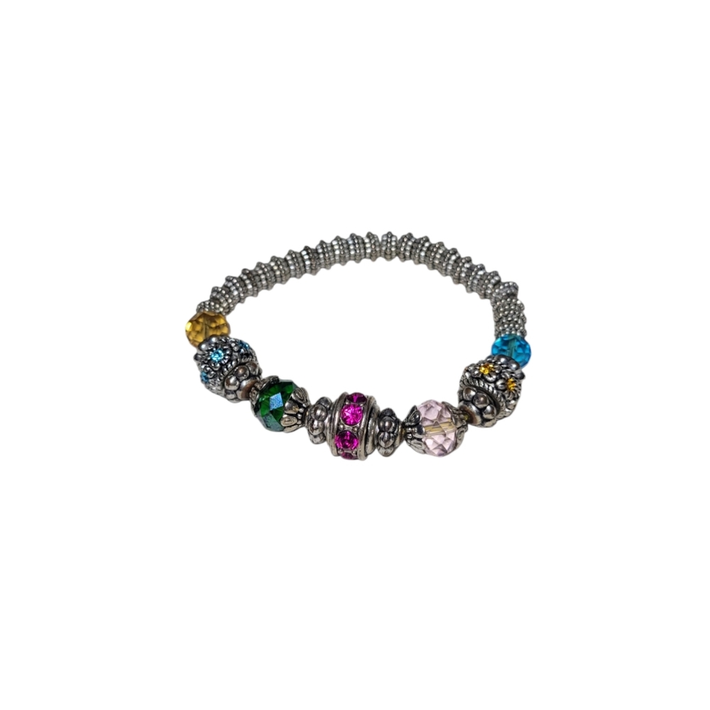 Beads Ringstones Elastic Bracelet Jewelry Silver Tone - Jenny Boston